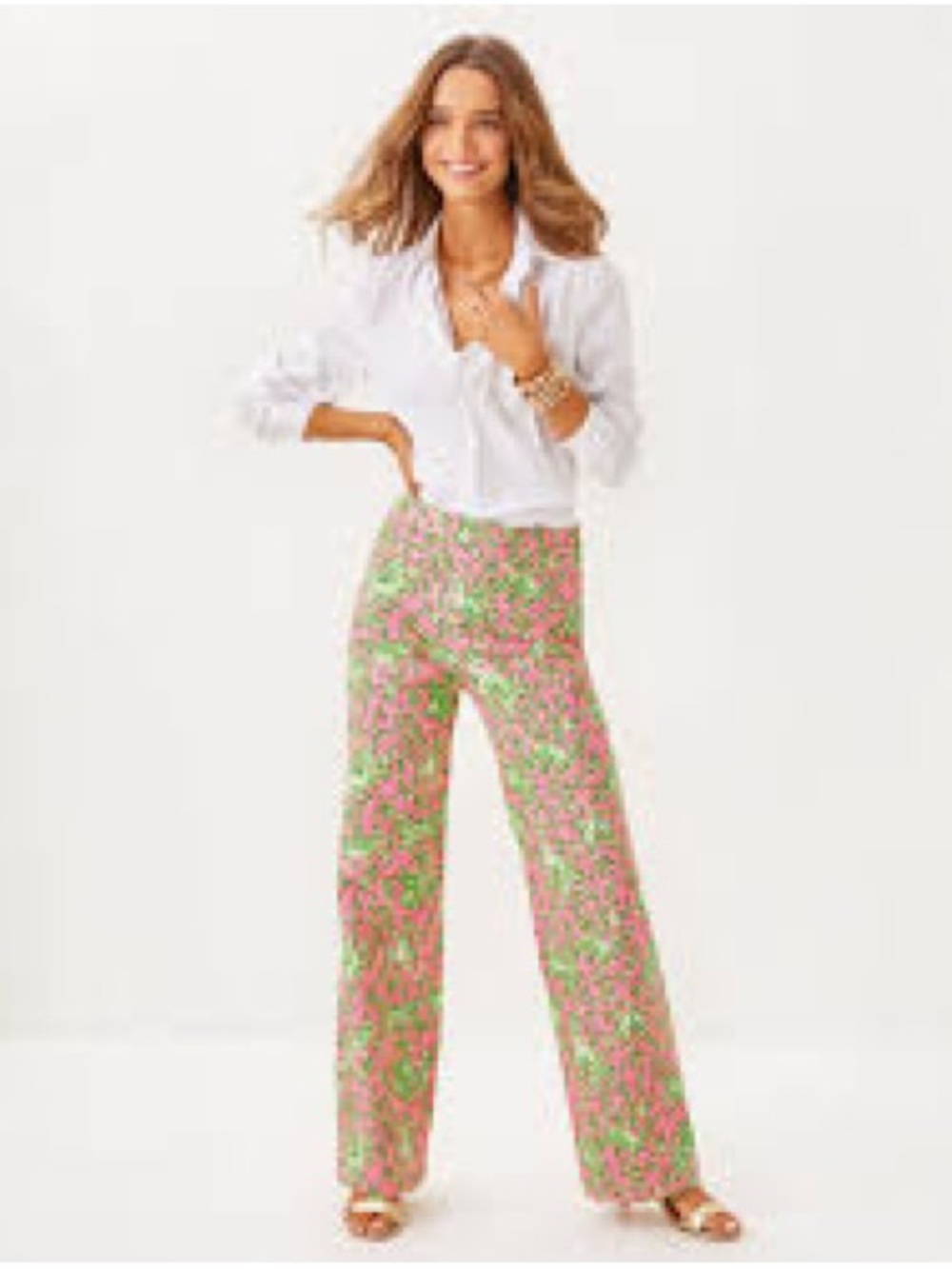 Lilly Pulitzer Pink & Green Floral Wide-Leg Trousers